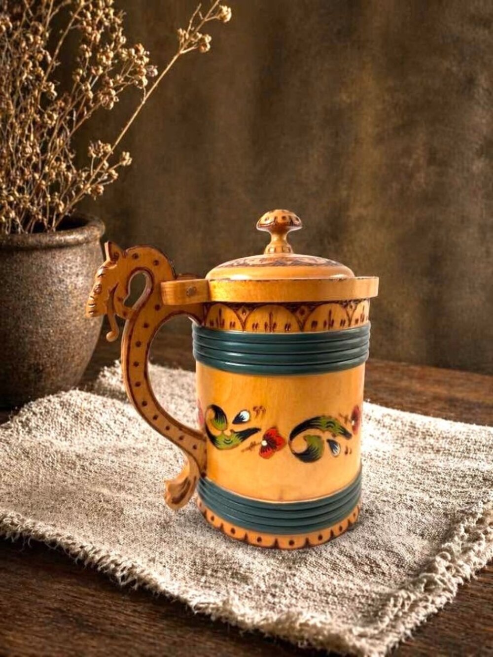 Vintage Norwegian Dragestil Wood Tankard - Mid Century Hand Painted Rosemaling A
